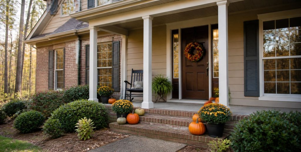 October home selling in Nacogdoches County: front porch decorated with pumpkins and mums