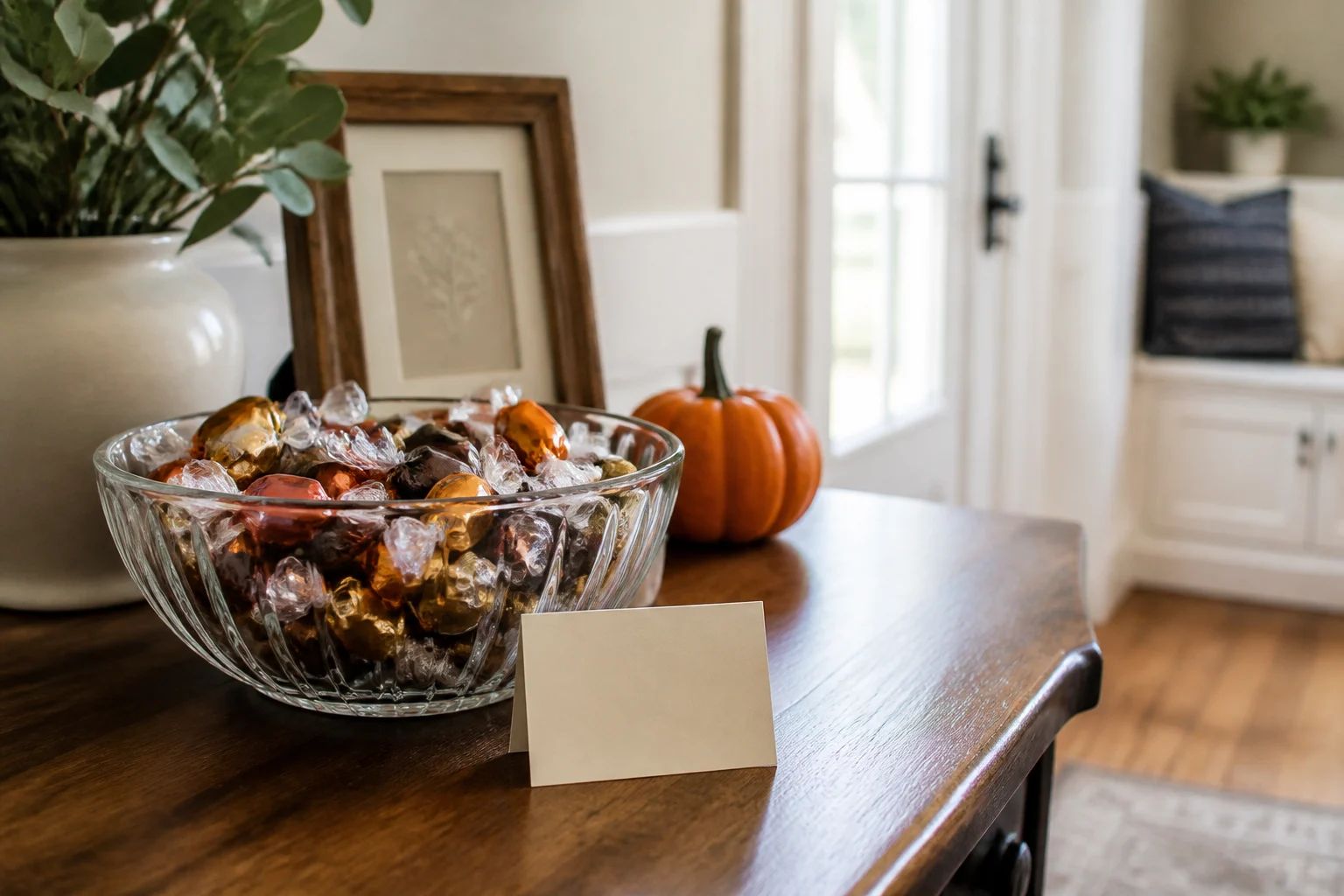 Bowl of candy with a friendly note at the entry of a home for sale
